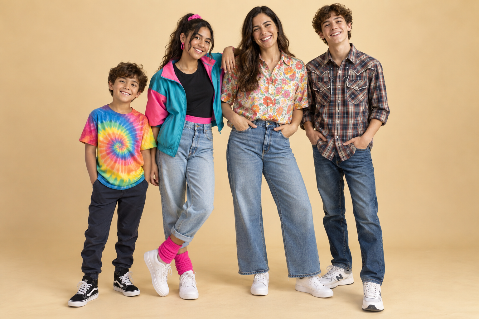 Kids, teens, and a teacher wearing different spirit day outfits